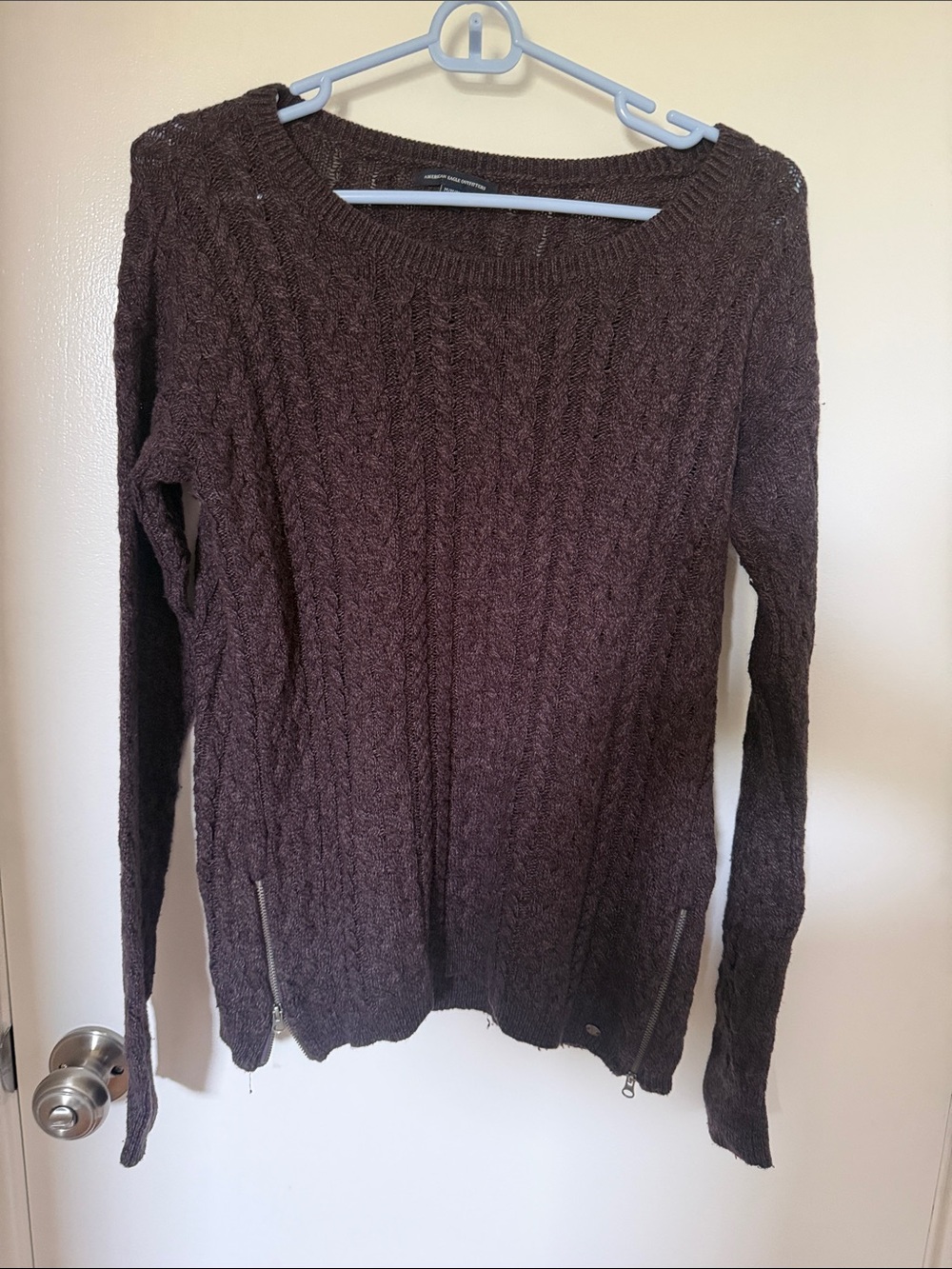 American Eagle Outfitters Brown Cable Knit Scoop-Neck Sweater